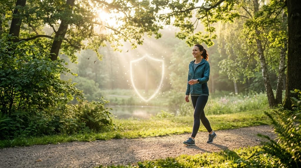 A healthy person enjoying a refreshing morning walk in a peaceful park with sunlight coming through trees. Represent better sleep and stronger immunity with subtle wellness symbols like a shield and peaceful morning atmosphere. Fresh nature, calm mood, healthy lifestyle concept, realistic photography, premium medical wellness style, 4K resolution, no text.