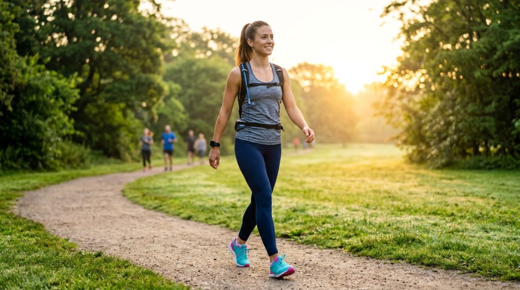 A healthy person enjoying a refreshing morning walk in a peaceful park with sunlight coming through trees. Represent better sleep and stronger immunity with subtle wellness symbols like a shield and peaceful morning atmosphere. Fresh nature, calm mood, healthy lifestyle concept, realistic photography, premium medical wellness style, 4K resolution, no text.